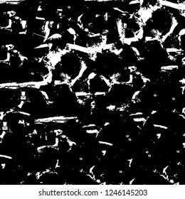 Grunge overlay layer. Abstract black and white vector background. Monochrome vintage surface with dirty pattern in cracks, spots, dots. Old painted wall in dark horror style design