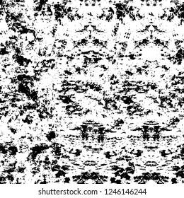 Grunge overlay layer. Abstract black and white vector background. Monochrome vintage surface with dirty pattern in cracks, spots, dots. Old painted wall in dark horror style design