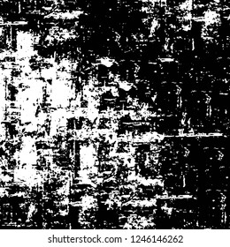 Grunge overlay layer. Abstract black and white vector background. Monochrome vintage surface with dirty pattern in cracks, spots, dots. Old painted wall in dark horror style design
