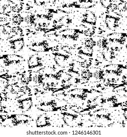 Grunge overlay layer. Abstract black and white vector background. Monochrome vintage surface with dirty pattern in cracks, spots, dots. Old painted wall in dark horror style design