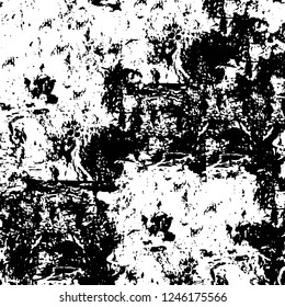 Grunge overlay layer. Abstract black and white vector background. Monochrome vintage surface with dirty pattern in cracks, spots, dots. Old painted wall in dark horror style design