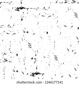 Grunge overlay layer. Abstract black and white vector background. Monochrome vintage surface with dirty pattern in cracks, spots, dots. Old painted wall in dark horror style design