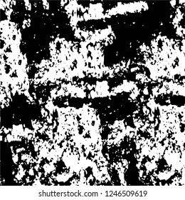 Grunge overlay layer. Abstract black and white vector background. Monochrome vintage surface with dirty pattern in cracks, spots, dots. Old painted wall in dark horror style design