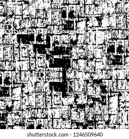 Grunge overlay layer. Abstract black and white vector background. Monochrome vintage surface with dirty pattern in cracks, spots, dots. Old painted wall in dark horror style design