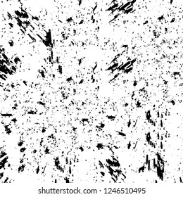 Grunge overlay layer. Abstract black and white vector background. Monochrome vintage surface with dirty pattern in cracks, spots, dots. Old painted wall in dark horror style design