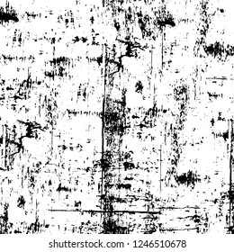 Grunge overlay layer. Abstract black and white vector background. Monochrome vintage surface with dirty pattern in cracks, spots, dots. Old painted wall in dark horror style design
