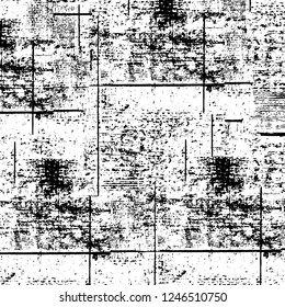 Grunge overlay layer. Abstract black and white vector background. Monochrome vintage surface with dirty pattern in cracks, spots, dots. Old painted wall in dark horror style design