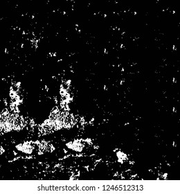 Grunge overlay layer. Abstract black and white vector background. Monochrome vintage surface with dirty pattern in cracks, spots, dots. Old painted wall in dark horror style design