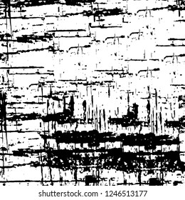 Grunge overlay layer. Abstract black and white vector background. Monochrome vintage surface with dirty pattern in cracks, spots, dots. Old painted wall in dark horror style design