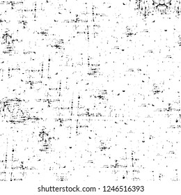 Grunge overlay layer. Abstract black and white vector background. Monochrome vintage surface with dirty pattern in cracks, spots, dots. Old painted wall in dark horror style design