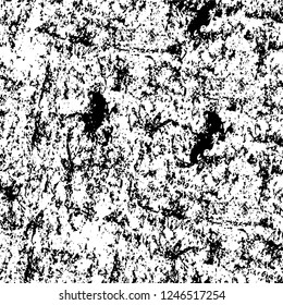 Grunge overlay layer. Abstract black and white vector background. Monochrome vintage surface with dirty pattern in cracks, spots, dots. Old painted wall in dark horror style design