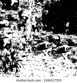 Grunge overlay layer. Abstract black and white vector background. Monochrome vintage surface with dirty pattern in cracks, spots, dots. Old painted wall in dark horror style design