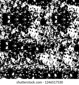 Grunge overlay layer. Abstract black and white vector background. Monochrome vintage surface with dirty pattern in cracks, spots, dots. Old painted wall in dark horror style design