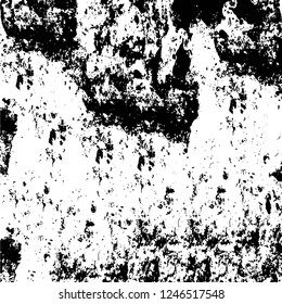 Grunge overlay layer. Abstract black and white vector background. Monochrome vintage surface with dirty pattern in cracks, spots, dots. Old painted wall in dark horror style design