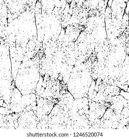 Grunge overlay layer. Abstract black and white vector background. Monochrome vintage surface with dirty pattern in cracks, spots, dots. Old painted wall in dark horror style design
