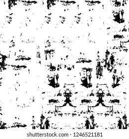 Grunge overlay layer. Abstract black and white vector background. Monochrome vintage surface with dirty pattern in cracks, spots, dots. Old painted wall in dark horror style design