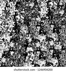 Grunge overlay layer. Abstract black and white vector background. Monochrome vintage surface with dirty pattern in cracks, spots, dots. Old painted wall in dark horror style design