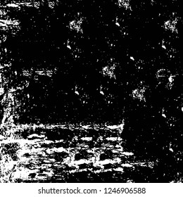 Grunge overlay layer. Abstract black and white vector background. Monochrome vintage surface with dirty pattern in cracks, spots, dots. Old painted wall in dark horror style design
