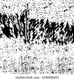 Grunge overlay layer. Abstract black and white vector background. Monochrome vintage surface with dirty pattern in cracks, spots, dots. Old painted wall in dark horror style design