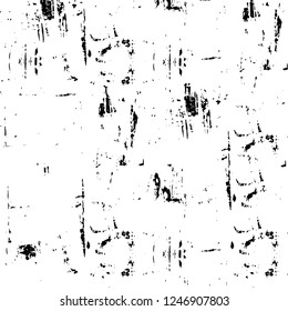 Grunge overlay layer. Abstract black and white vector background. Monochrome vintage surface with dirty pattern in cracks, spots, dots. Old painted wall in dark horror style design