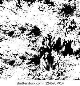 Grunge overlay layer. Abstract black and white vector background. Monochrome vintage surface with dirty pattern in cracks, spots, dots. Old painted wall in dark horror style design