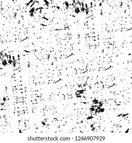 Grunge overlay layer. Abstract black and white vector background. Monochrome vintage surface with dirty pattern in cracks, spots, dots. Old painted wall in dark horror style design