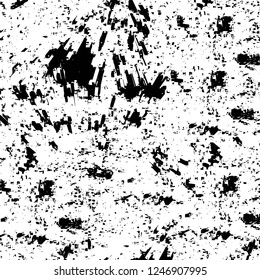 Grunge overlay layer. Abstract black and white vector background. Monochrome vintage surface with dirty pattern in cracks, spots, dots. Old painted wall in dark horror style design