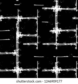 Grunge overlay layer. Abstract black and white vector background. Monochrome vintage surface with dirty pattern in cracks, spots, dots. Old painted wall in dark horror style design