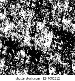Grunge overlay layer. Abstract black and white vector background. Monochrome vintage surface with dirty pattern in cracks, spots, dots. Old painted wall in dark horror style design