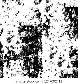 Grunge overlay layer. Abstract black and white vector background. Monochrome vintage surface with dirty pattern in cracks, spots, dots. Old painted wall in dark horror style design