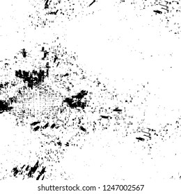 Grunge overlay layer. Abstract black and white vector background. Monochrome vintage surface with dirty pattern in cracks, spots, dots. Old painted wall in dark horror style design