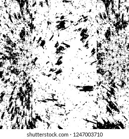 Grunge overlay layer. Abstract black and white vector background. Monochrome vintage surface with dirty pattern in cracks, spots, dots. Old painted wall in dark horror style design