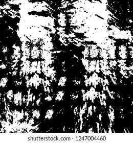 Grunge overlay layer. Abstract black and white vector background. Monochrome vintage surface with dirty pattern in cracks, spots, dots. Old painted wall in dark horror style design