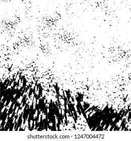 Grunge overlay layer. Abstract black and white vector background. Monochrome vintage surface with dirty pattern in cracks, spots, dots. Old painted wall in dark horror style design