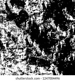 Grunge overlay layer. Abstract black and white vector background. Monochrome vintage surface with dirty pattern in cracks, spots, dots. Old painted wall in dark horror style design