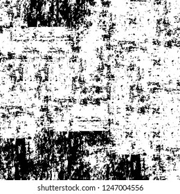 Grunge overlay layer. Abstract black and white vector background. Monochrome vintage surface with dirty pattern in cracks, spots, dots. Old painted wall in dark horror style design