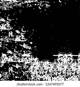 Grunge overlay layer. Abstract black and white vector background. Monochrome vintage surface with dirty pattern in cracks, spots, dots. Old painted wall in dark horror style design