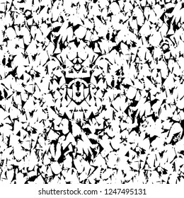 Grunge overlay layer. Abstract black and white vector background. Monochrome vintage surface with dirty pattern in cracks, spots, dots. Old painted wall in dark horror style design