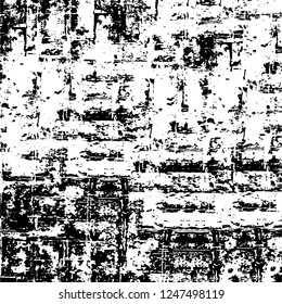 Grunge overlay layer. Abstract black and white vector background. Monochrome vintage surface with dirty pattern in cracks, spots, dots. Old painted wall in dark horror style design