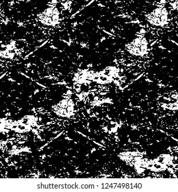 Grunge overlay layer. Abstract black and white vector background. Monochrome vintage surface with dirty pattern in cracks, spots, dots. Old painted wall in dark horror style design