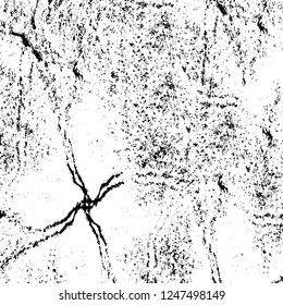 Grunge overlay layer. Abstract black and white vector background. Monochrome vintage surface with dirty pattern in cracks, spots, dots. Old painted wall in dark horror style design