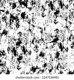 Grunge overlay layer. Abstract black and white vector background. Monochrome vintage surface with dirty pattern in cracks, spots, dots. Old painted wall in dark horror style design
