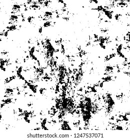 Grunge overlay layer. Abstract black and white vector background. Monochrome vintage surface with dirty pattern in cracks, spots, dots. Old painted wall in dark horror style design