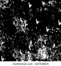Grunge overlay layer. Abstract black and white vector background. Monochrome vintage surface with dirty pattern in cracks, spots, dots. Old painted wall in dark horror style design