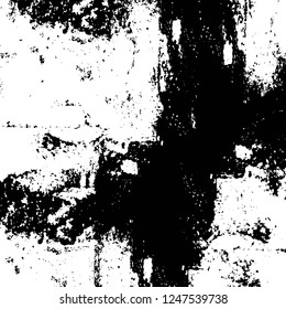 Grunge overlay layer. Abstract black and white vector background. Monochrome vintage surface with dirty pattern in cracks, spots, dots. Old painted wall in dark horror style design