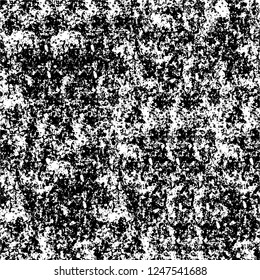 Grunge overlay layer. Abstract black and white vector background. Monochrome vintage surface with dirty pattern in cracks, spots, dots. Old painted wall in dark horror style design