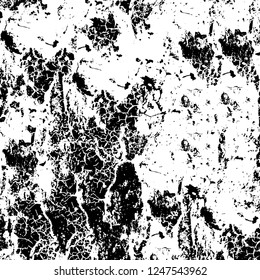 Grunge overlay layer. Abstract black and white vector background. Monochrome vintage surface with dirty pattern in cracks, spots, dots. Old painted wall in dark horror style design