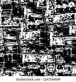 Grunge overlay layer. Abstract black and white vector background. Monochrome vintage surface with dirty pattern in cracks, spots, dots. Old painted wall in dark horror style design