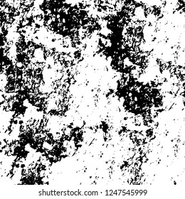 Grunge overlay layer. Abstract black and white vector background. Monochrome vintage surface with dirty pattern in cracks, spots, dots. Old painted wall in dark horror style design
