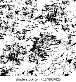 Grunge overlay layer. Abstract black and white vector background. Monochrome vintage surface with dirty pattern in cracks, spots, dots. Old painted wall in dark horror style design